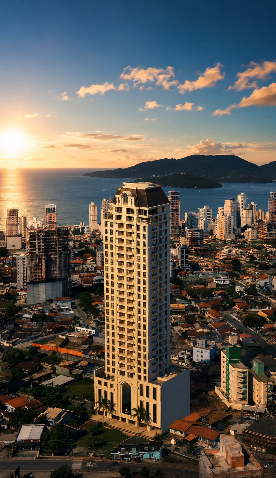 Ethan Tower, torre neoclássica sobre a baía de Porto Belo ao pôr do sol