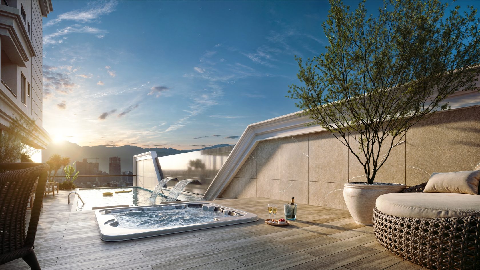 Deck com jacuzzi ao pôr do sol