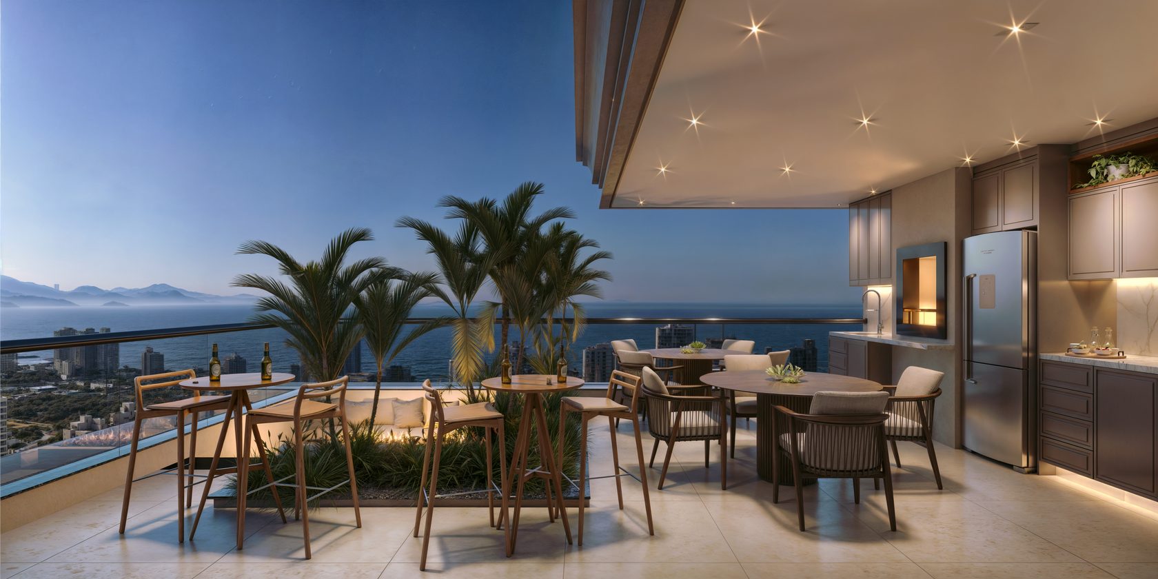 Lounge externo com vista mar